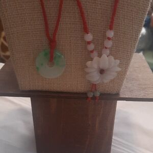 Red Cord Jade and Flower Pendant Necklaces